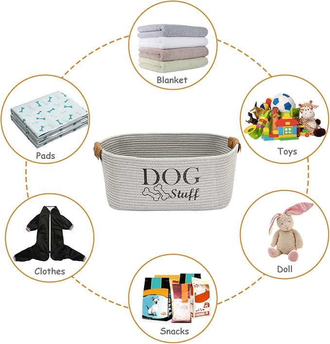 Geyecete Square Dog toy basket storage Cotton Rope Storage Basket Pet/Pet Toy And Accessory Storage Bin Doy Toy Box-Gray
