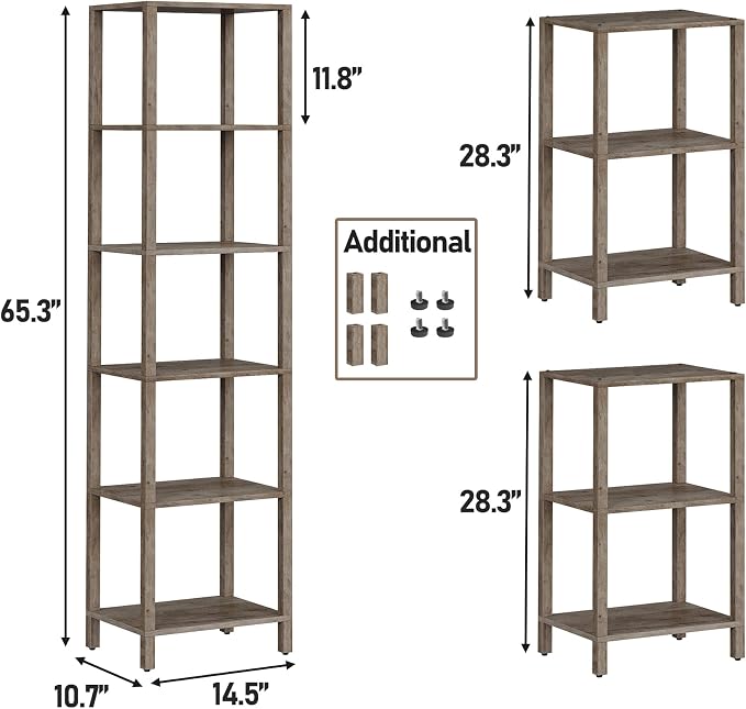 TUTOTAK Bookshelf, 6-Tier Tall Book Shelf, Narrow Bookcase for Small Space, DIY Stackable Bookshelf, for Living Room, Office, Study, Entryway, Industrial, Pure Greige BS01BG006G