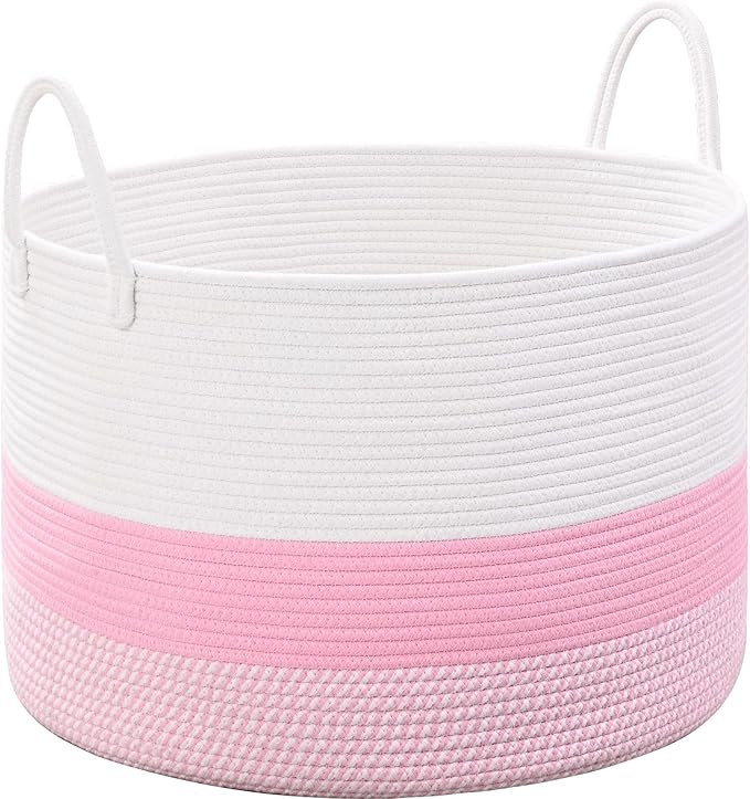 67L Large Woven Blanket Basket, Cotton Rope Baby Laundry Hamper with Handles, Kids Toy Basket for Classroom & Nursery, Soft Round Stuffed Animal Storage, Dog Toy Bin - 20"x13", Light Pink