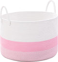 67L Large Woven Blanket Basket, Cotton Rope Baby Laundry Hamper with Handles, Kids Toy Basket for Classroom & Nursery, Soft Round Stuffed Animal Storage, Dog Toy Bin - 20"x13", Light Pink