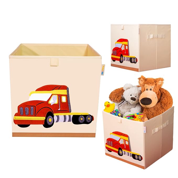 Washable Toy Organizers and Storage, Canvas Toy Chest Organizer Foldable Kids Toy Storage Organizers for Child's Bedroom or Playroom -13x13x13 Inch (Truck)