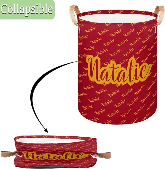 Personalized Laundry Basket, Custom Gift Laundry Hamper, Collapsible Nursery Waterproof Laundry Baskets, Dirty Clothes Toy Hamper with Handles Name Gold Red