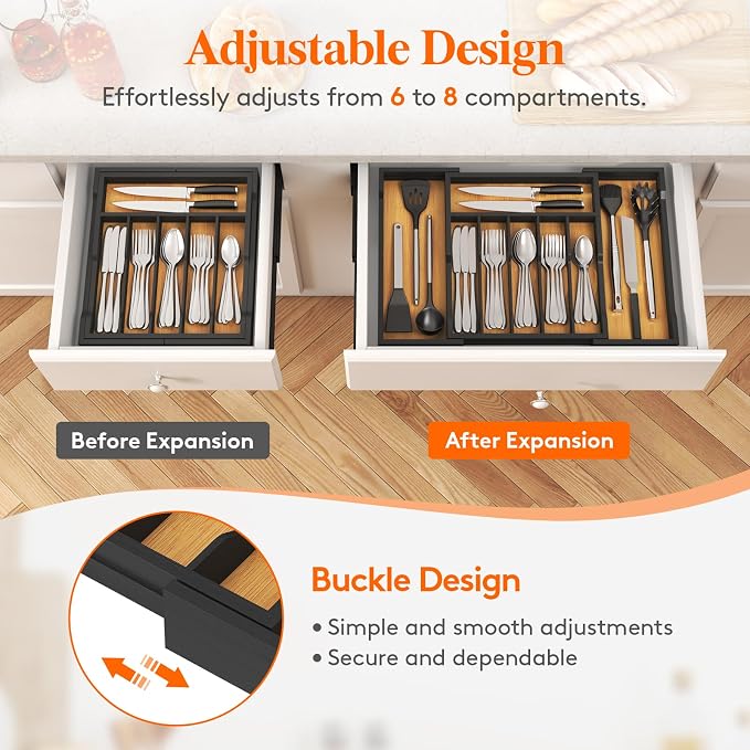 Lifewit Silverware Drawer Organizer, Expandable Utensil Tray for Kitchen, Flatware and Cutlery Holder, Wood Adjustable Storage for Spoons Forks Knives, 13-22x15/ 33-56x38cm, Natural and Black