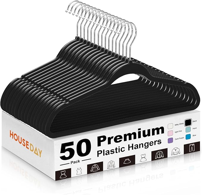 HOUSE DAY Black Plastic Hangers 50 Pack - Ultra-Thin Heavy Duty Non-Velvet | Hangers with 360° Swivel Hook & Non Slip Notches - Slim Space Saving Clothes Hangers Ideal for Dresses Coats Shirts Jackets