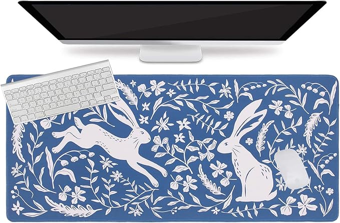 L-SPOUTTO Blue Floral Desk Mat for Keyboard and Mouse,Boho XXL Gaming Mouse Pad,Large 35.4x15.7in Non-Slip Rubber Base Keyboard Pad Waterproof Desktop Mat for Laptop Computer Work Home Office-Rabbits