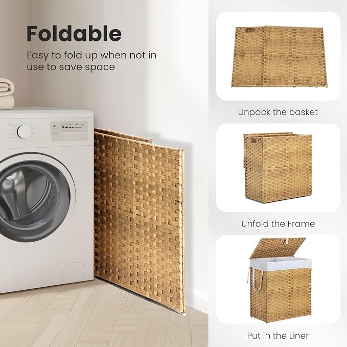 DUMOS Wicker Laundry Basket with Lid, 110L Woven Laundry Hamper with Handles, Foldable Rattan Clothes Hamper with Removable Liner & Sturdy Steel Frame, Goose Yellow