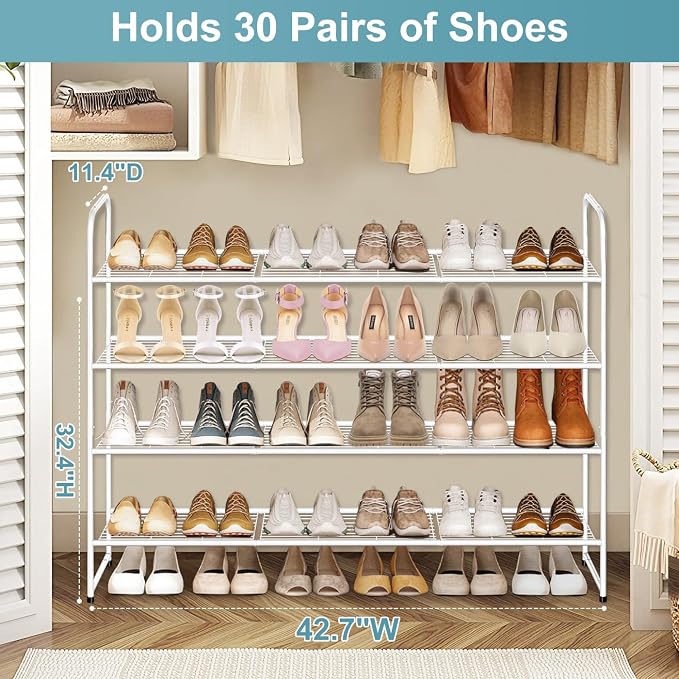 AOODA 4 Tier Long Metal Shoe Rack for Closet Wide Stackable Shoe Storage Organizer for Entryway, Bedroom, Floor, Holds 30 Pairs Men Sneakers Large Boot Shelf with Wire Grid, White