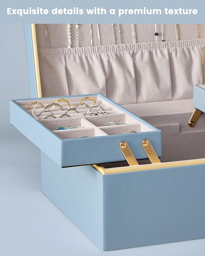 Lolalet Jewelry Box Organizer for Women Girls, 2 Layer Jewelry Organizers and Storage for Necklace Earrings Rings Bracelets, Large Jewellery Holder Case Birthday Gifts -HazeBlue