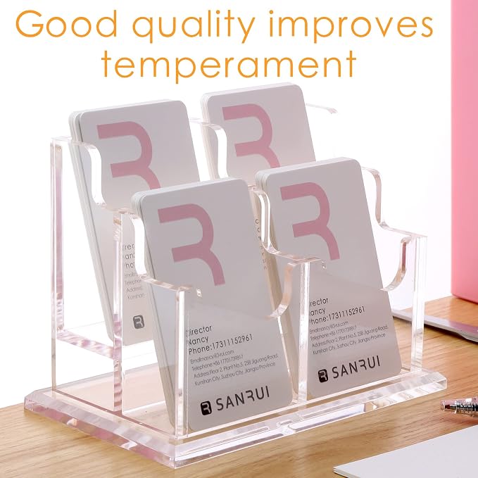 SANRUI Vertical Business Card Holder for Desk，Clear Acrylic Business Card Display Stand，4 Slots 2 Tier ，Holds 200 Cards