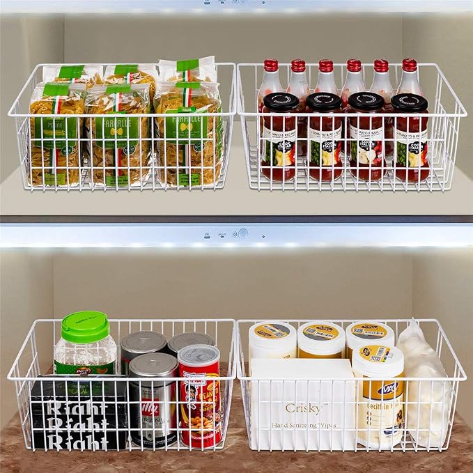 SANNO Freezer Baskets Pantry Storage Bins, Farmhouse Wire Storage Baskets Organizer Storage Bins Large Organizer Bins for Kitchen Organization Storage-Set of 8,White