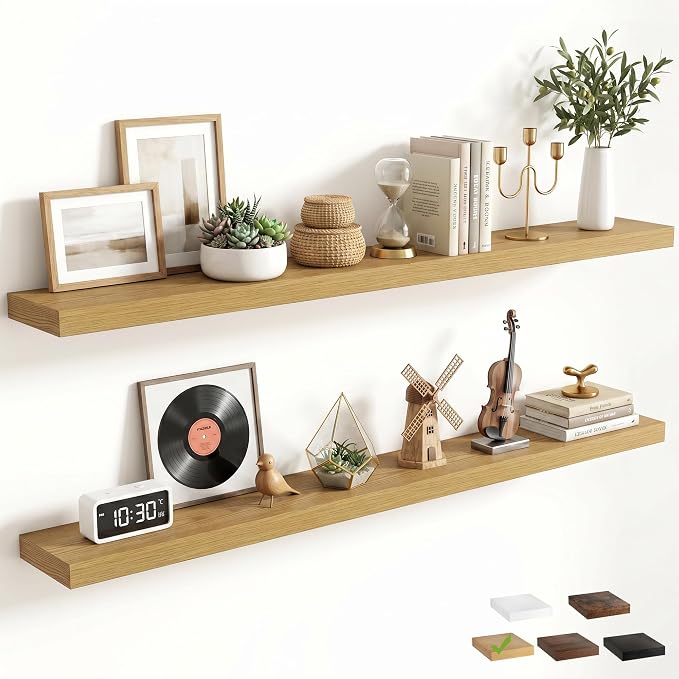 FLYJOE 55 Inch Floating Shelves for Wall Set of 2, 6.5" D Wood Grain Bathroom Shelves with Invisible Brackets, Easy Install Engineered Wood Storage Shelves for Kitchen, Living Room, Bedroom