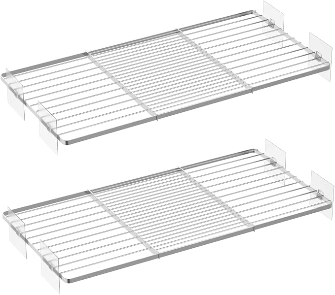 SANNO Tension Shelf Organizer for Closet, Adjustable 17-31" with Heavy-Duty Adhesive - DIY Expandable Shelf Dividers for Cabinet, Pantry, Wardrobe, Kitchen, 2 Pack