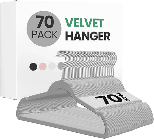 InfiniPower 70 Pack Velvet Hangers, Heavy Duty Clothes Hanger for Coat, Pants & Dress, Non-Slip Hanger Set with Shoulder Notches, 360° Swivel Hook, Space Saving Felt Hangers, Grey