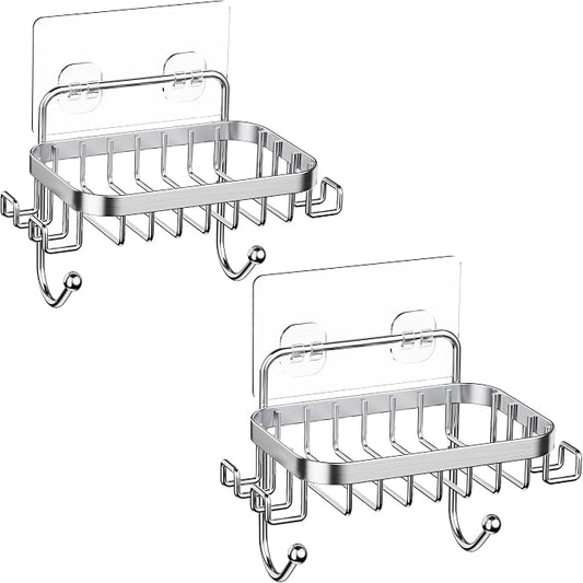ODesign Soap Dish Holder SUS304 Stainless Steel with 6 Hooks Loofah Bath Sponge Towel Razor Holder for Bathroom Shower Kitchen Adhesive Wall Mounted No Drilling-Silver-2 Pack
