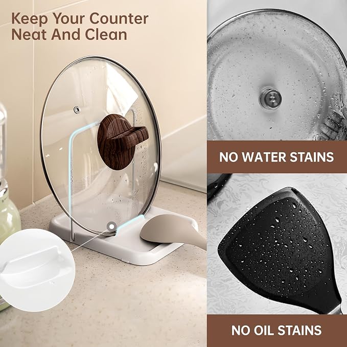 PAVSTINE Pot Lid Holder with Spoon Rest, Foldable, White | Foldable for Compact Storage, Nonslip Pads Prevent Sliding, Holds Lids & Cooking Utensils, Fits Kitchen Counter & Stove Top
