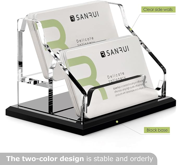 SANRUI Black Business Card Holder for Desk 2 Slot , Clear Acrylic Horizontal Name Card Stand for Women and Men, Desktop Organizer Display for Office Home Exhibition - 120 Card Capacity 1 Pack