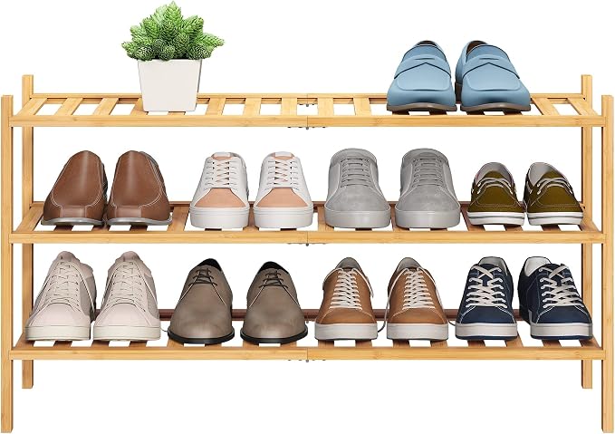 BMOSU 3-Tier Bamboo Extended Shoe Rack Premium Stackable Shoe Shelf Storage Organizer for Hallway Closet Living Room Entryway Organizer (Natural Bamboo)
