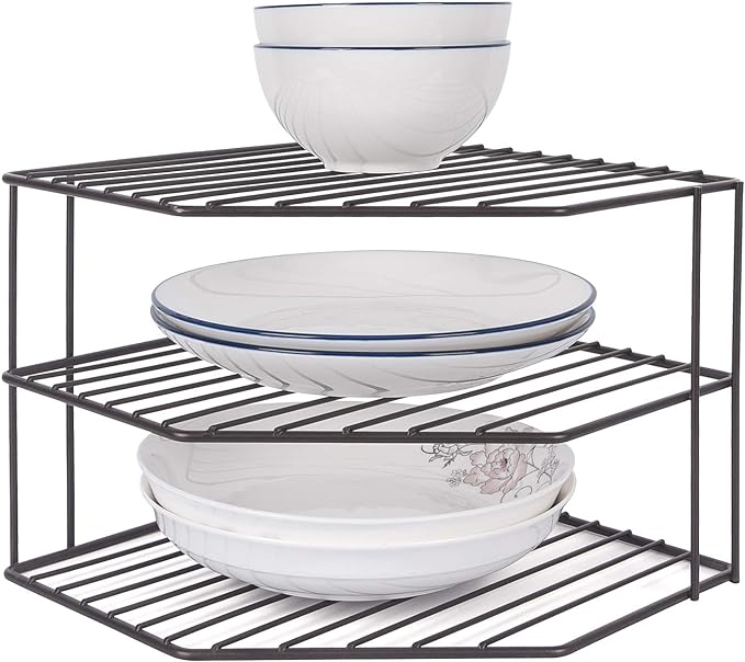 3-Tier Corner Shelf Counter and Cabinet Organizer - Steel Metal Wire - Rust Resistant - Plates, Dishes, Cabinet & Pantry Organizer - Kitchen Organization (10 x 7.5 Inch)(Black)