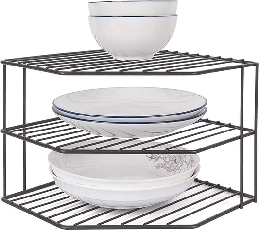 3-Tier Corner Shelf Counter and Cabinet Organizer - Steel Metal Wire - Rust Resistant - Plates, Dishes, Cabinet & Pantry Organizer - Kitchen Organization (10 x 7.5 Inch)(Black)