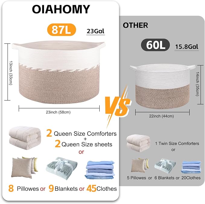 OIAHOMY 87L Extra Large Blanket Basket, 23" x 13", Jumbo Laundry Hamper, Cotton Rope Basket with Handles for Living Room,Baby Toy Storage Bins, Brown