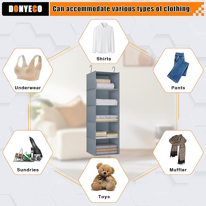 Hanging Closet Organizer 5-Shelf, Oxford Fabric Wardrobe Storage, Gray | Easy-mount foldable design holds clothes, handbags, shoes & accessories; washable Oxford fabric, sturdy and space-saving.