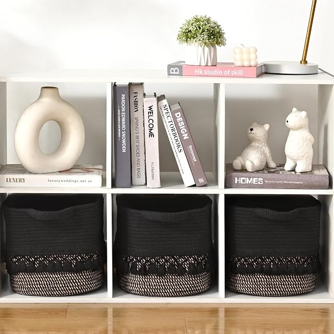 2 Pack Storage Basket for Shelves, Boho Cotton Rope Storage Bins with Heavy Tassel, Shelf Baskets Large Woven Baskets for Organizing, Cube Organizer Bins, Baby Laundry Basket for Clothes, Toys, Pets