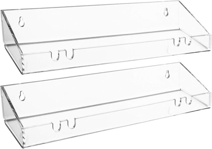 AMT 2 Pack Acrylic Floating Shelves, 15" L x 4" W, Clear Bathroom Wall Shelf, Bookshelves, Invisible Display for Office, Bedroom, Hanging Slots for Bath Sponge & Others Items, Free Screws & Drill Bit
