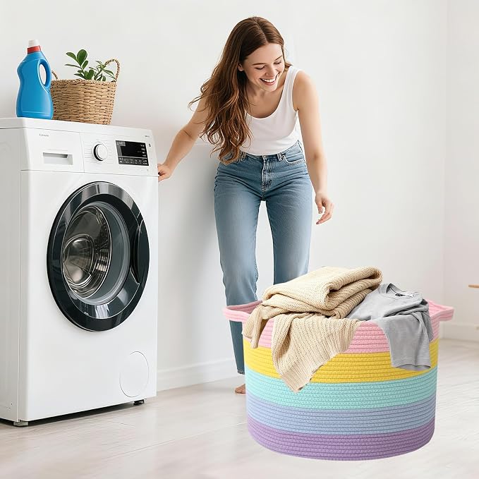 115L Large Blanket Basket,23.6" L x 23.6" W x 15.7" H Rope Woven Baskets with Handles, Toys Storage Bins,Laundry Basket Perfect for Living Room, Nursery,Bedroom,Home Organization,Colorful