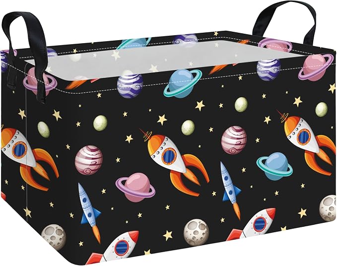 Rectangular Planet Rocket Storage Bin Toy Organizer | Storage Bin Foldable Canvas with Handles for Organizing Home Kitchen Children Toys Office Closet Shelf Baskets
