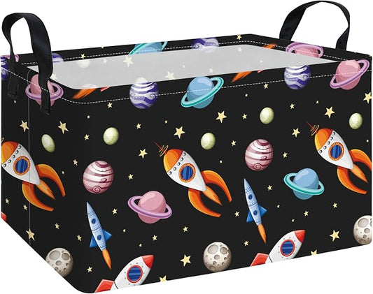 Rectangular Planet Rocket Storage Bin Toy Organizer | Storage Bin Foldable Canvas with Handles for Organizing Home Kitchen Children Toys Office Closet Shelf Baskets