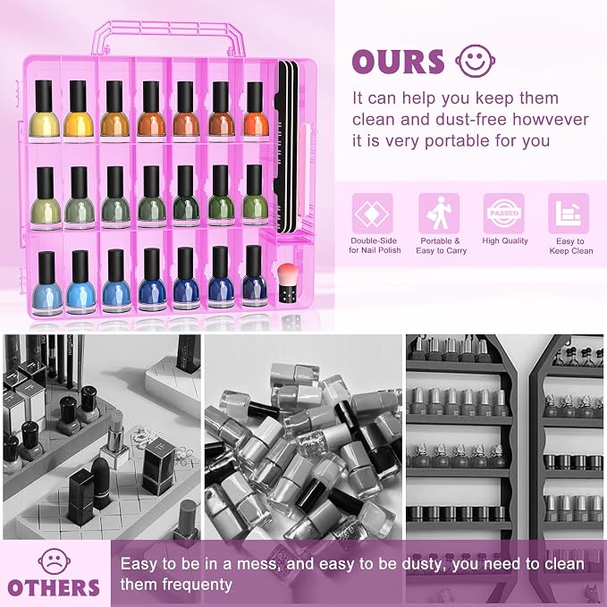 SUBAY 2 Pcs Portable Nail Polish Organizer, Clear Double Side Nail Polish Holder,Gel Nail Storage for 48 Bottles with 6 Adjustable Dividers in Each Side Space Saver Pink