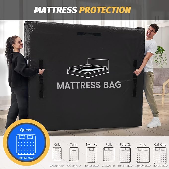 Mattress Bags for Moving and Storage, BETU Queen Mattress Protector Waterproof Mattress Cover with 8 Heavy Duty Handles and Zipper Extra Thick Moving Supplies for Bed Reusable (82x62x13.5" Black)