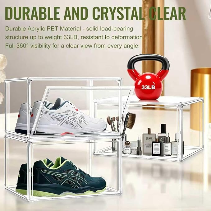 10 Pack Acrylic Shoe Boxes,Stackable Organizer for Everyday Footwear | Fits size 14 sneakers, casual shoes and athletic footwear. Clear acrylic design with magnetic door & dustproof storage.1 Pack