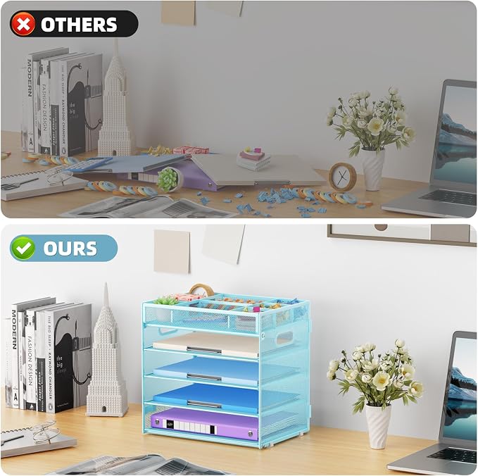 Marbrasse 5 Tier Paper Organizer Letter Tray, Mesh Desk File Organizer with Handle, Paper Sorter Desk Organizer for Home Office Supplies - Blue, Adjustable