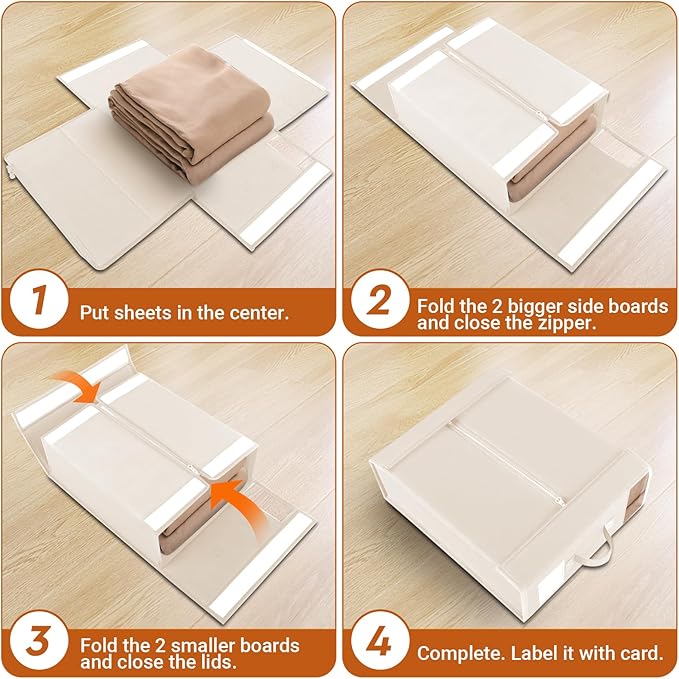 StorageTastic 2 Pack Bed Sheet Closet Organizers and Storage,Sturdy Foldable Storage Containers with Window and Label,Storage and Organization for Bedding Sheets,Duvet Covers,Blankets (Beige)