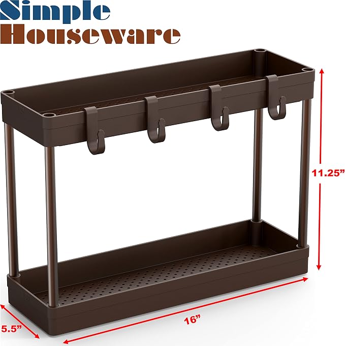 Simple Houseware 2-Tier Under Sink Organizer Storage Tray with Hooks, Brown