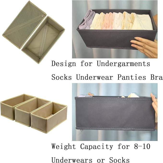 Bructhun Sock Drawer Organizer 3 Pack - Collapsible Fabric Storage Bins for Underwear Divider, Small Closet Organizers with 3 Compartments, Khaki
