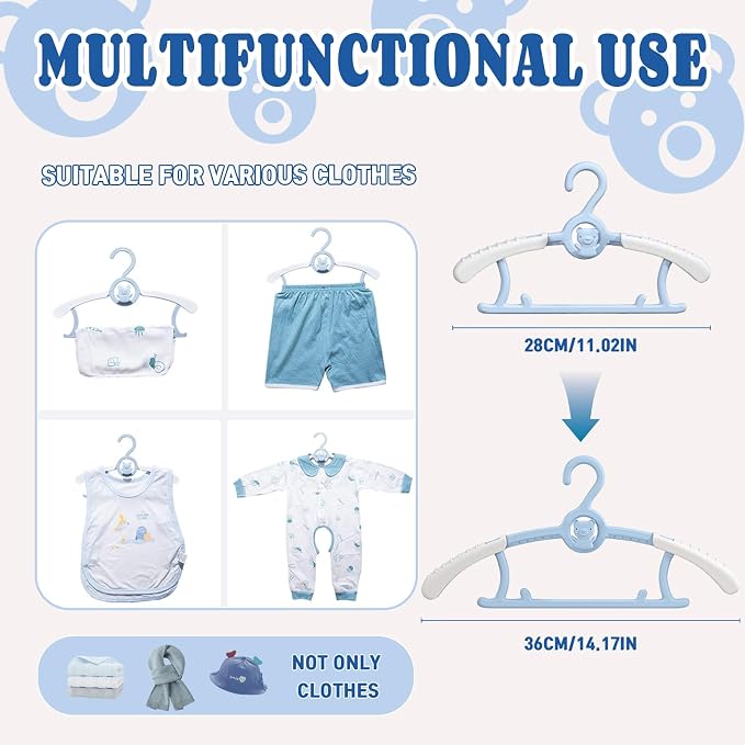 HGYZE Kids Hangers 11"-14" Adjustable Plastic Baby Boy Hangers 20 Pack, Toddler Bear Hanger for Children's Clothes Sweaters, Infant Hangar for Closet with Non-Slip Shoulder Grooves & Pants Bar, Blue