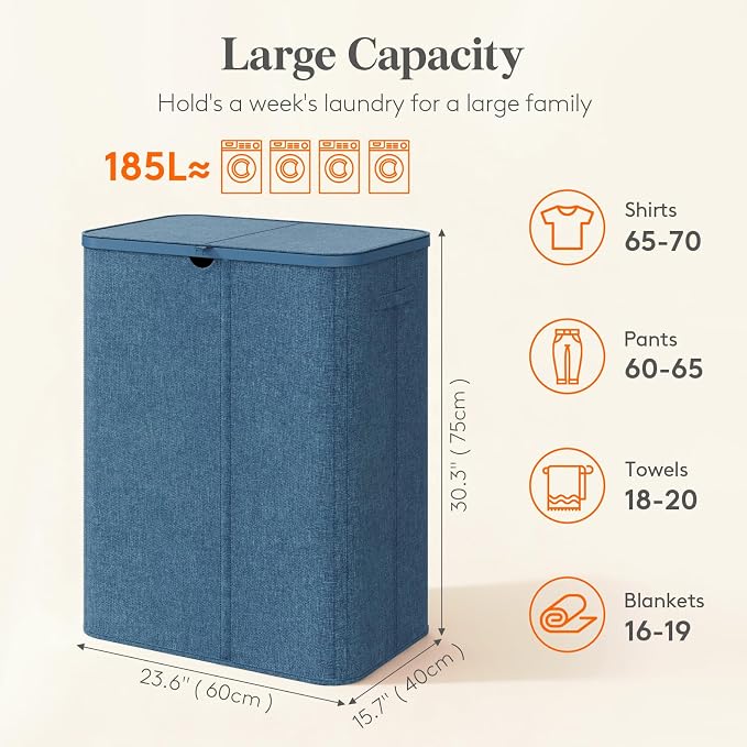 Lifewit 185L 3 Section Laundry Hamper with Lid, Large Laundry Basket with Handles and Removable Bags, Tall Clothes Hamper, Foldable Laundry Sorter for Bedroom Bathroom, Dark Blue