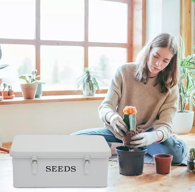 Seed Storage Organizer, 4 Compartment Seed Storage Box with Safety Lock, Metal Seed Box Seed Packet Container with 1 Pen, 12 Slots, 20 Plant Labels & 30 Seed Envelopes, White Gardening Gift
