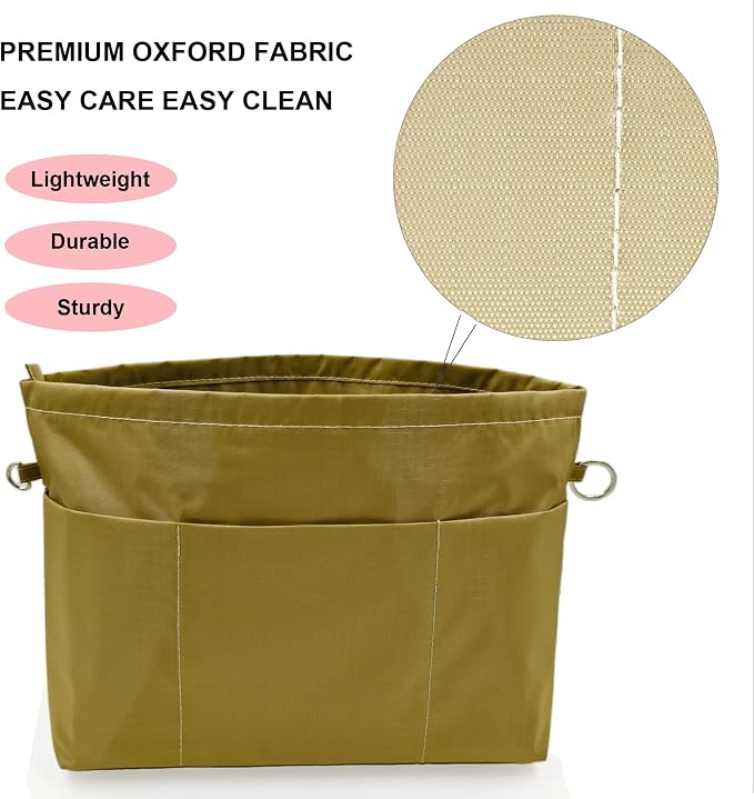 Handbag Tote Purse Organizer Insert, Small, Khaki Green | Bag Divider Liner Shaper Separator in Bag with Zipper, 11 Pockets Compartments