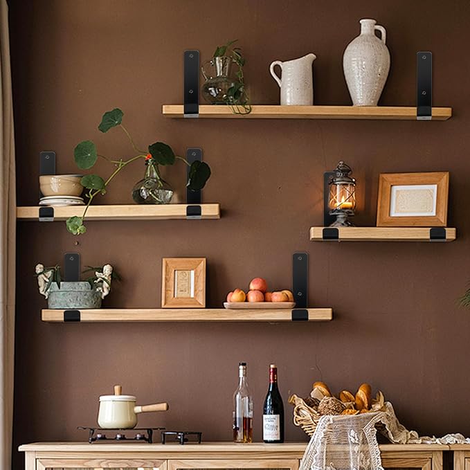8 Pack - 9.25" L x 6" H x 1.5" W J Lip Shelf Brackets Rustic Farmhouse Iron Wall Floating Shelf Bracket Metal Shelf Bracket Industrial Shelf Supports with Screws Black