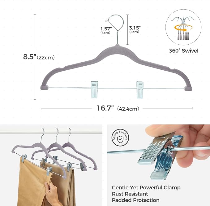 HOUSE DAY Velvet Hangers with Adjustable Clips 20 Pack, Non-Slip Suit Organizer with 360° Hook - Heavy Duty Hanger for Pants, Skirts, Blouses, Dresses - Outfit Hangers All-Season Space Saver (Grey)