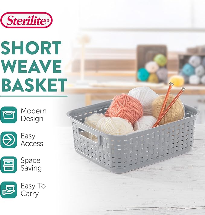Sterilite Short Plastic Weave Storage Basket, Bin Organization for Countertops, Tabletops, and Shelves for Crafts, Jewelry, Gray, 6-Pack
