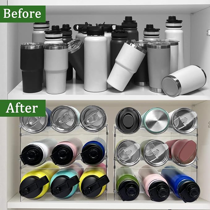 Spaclear 6 Pack Water Bottle Organizer, Stackable Kitchen Home Pantry Organization and Storage Shelf, Plastic Water Bottle Holder for Kitchen Cabinet Storage, Wine Tumbler Travel Mug Cup Organizer