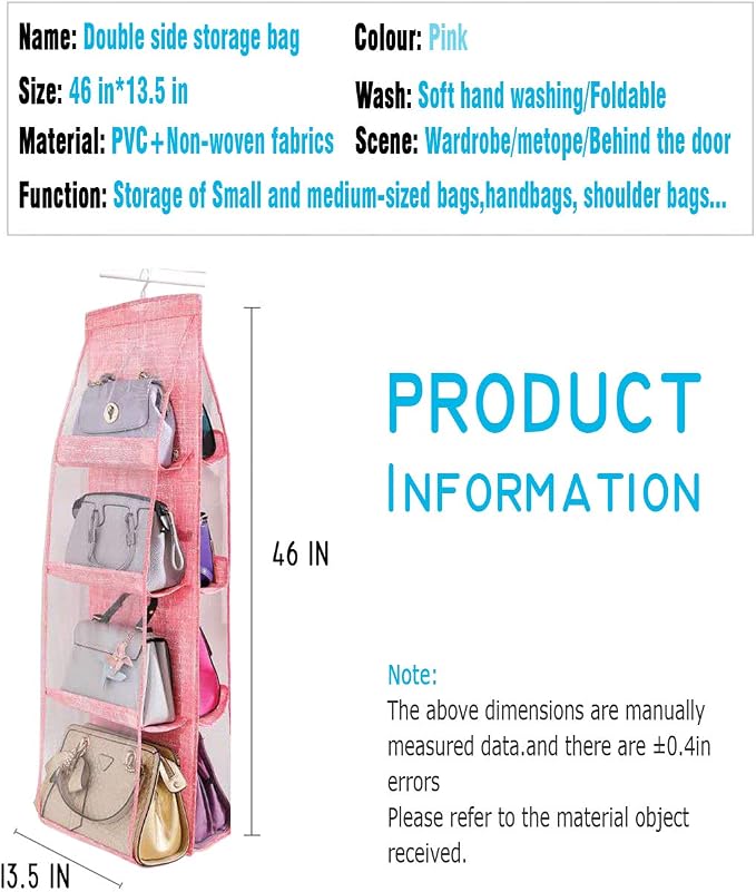 AARAINBOW 2 Packs Hanging Handbag Purse Organizer for Closet, Womens Purse Storage Organizers, Hand Bag Organizer Holder 8 Pockets Space Saving, 46 L x 13.8W (C-Gray Pink)