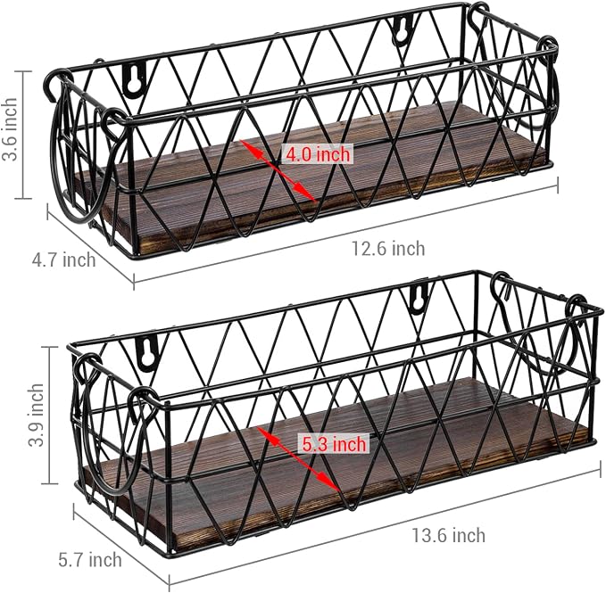 MyGift 2 Piece Wall Mounted Black Geometric Metal Nesting Storage Basket with Rustic Solid Burnt Wood Base, Small Tabletop Decorative Metal Wire Bins with Handles