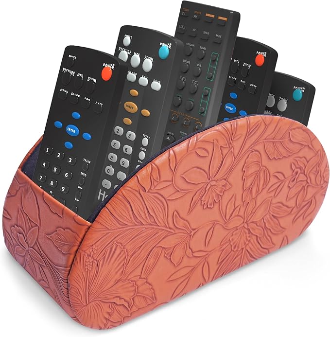 Remote Control Holder, PU Leather Remote Caddy Desktop Organizer with 5 Spacious Compartments for TV Remotes/Media Controllers/Office Supplies (1-Carved Brown