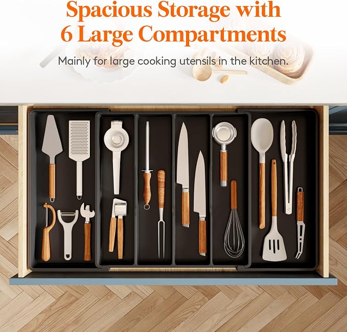 Lifewit Utensil Organizer for Kitchen Drawers, Expandable Cooking Utensil Tray, Adjustable Cutlery Silverware Flatware Holder, Plastic Spatula Tools Storage Divider, 18- 30 x 18.5", Black