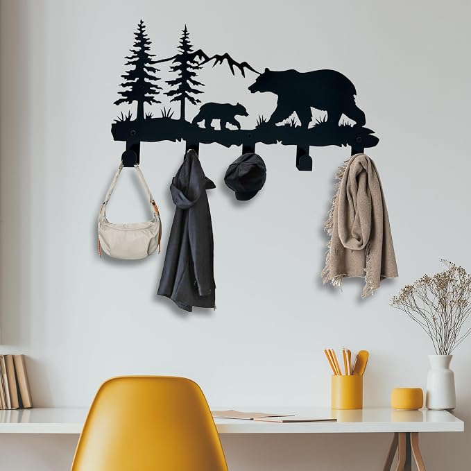 Metal Bear Coat Hooks - Animal Theme Wall Art Decor and Key Holder, Hangers for Clothes, Hat, and Backpack, Home Storage Decor for Entryway, Hallway, Office, Kitchen, and Living Room
